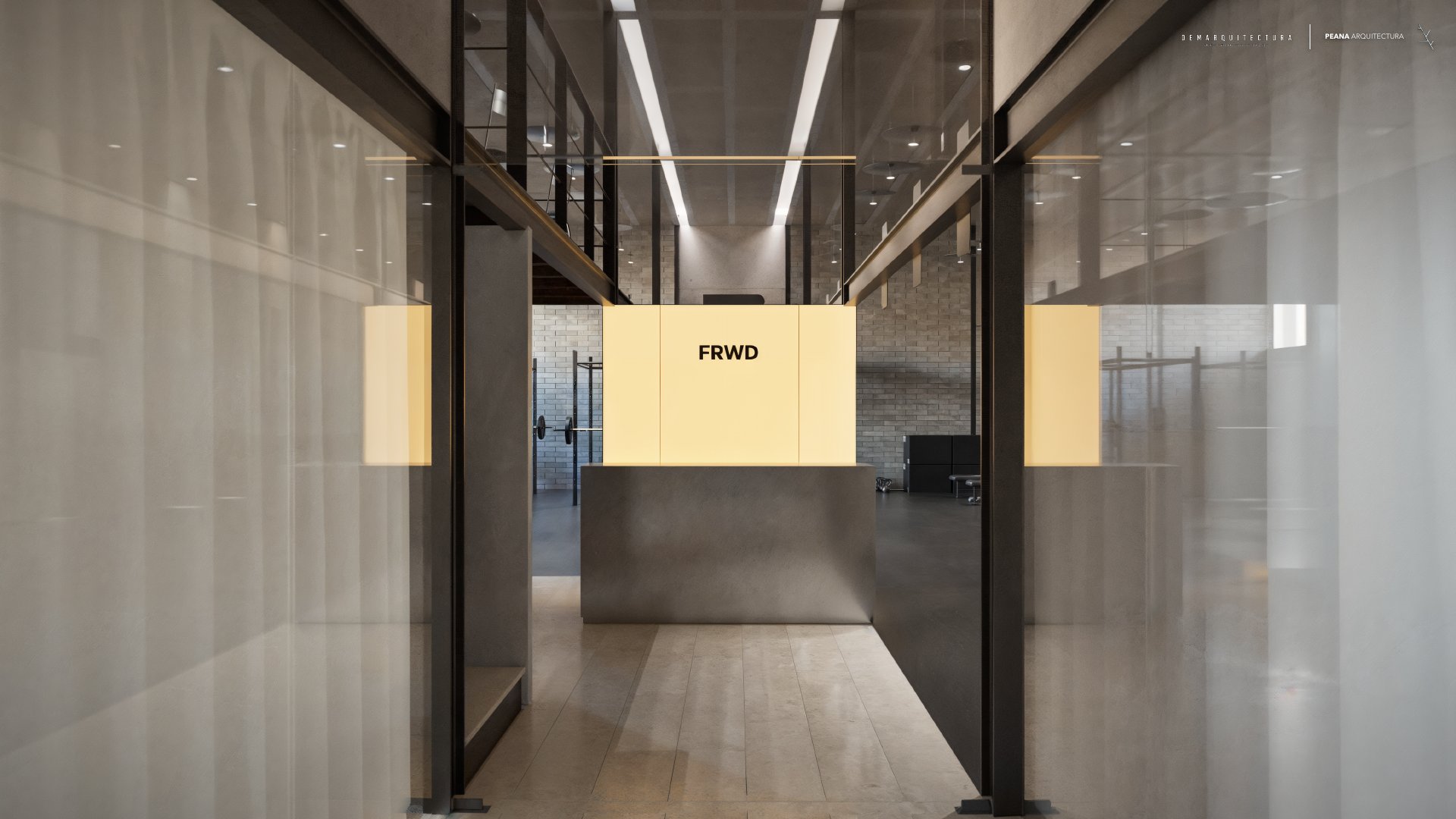 Pasillo interior de vidrio con signage FRWD