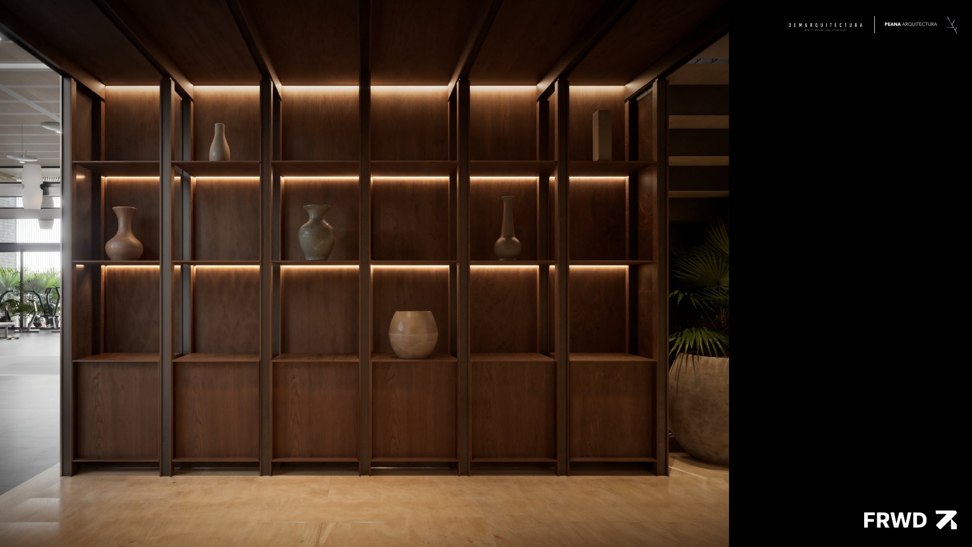 Mueble de nogal con compartimentos iluminados y jarrones